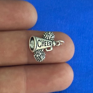 Sterling Silver Megaphone and Pom Poms Charm, Silver Megaphone and Pom Poms Pendant, Cheerleading Megaphone Pom Pom Charm, Megaphone Charm