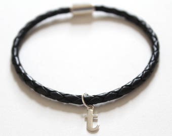 Leather Bracelet with Sterling Silver Typewriter T Letter Charm, Bracelet with Silver Letter T Pendant, Initial T Charm Bracelet, T Bracelet