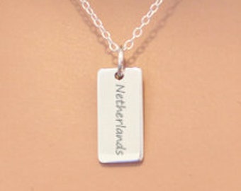 Sterling Silver Netherlands Charm Necklace: Engraved Travel Pendant