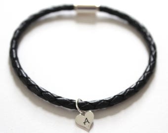 Leather Bracelet with Sterling Silver A Letter Heart Charm, Silver Tiny Stamped A Initial Heart Charm Bracelet, Letter A Charm Bracelet, A