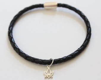 Sterling Silver Lotus Bud Charm Bracelet: Black Braided Leather