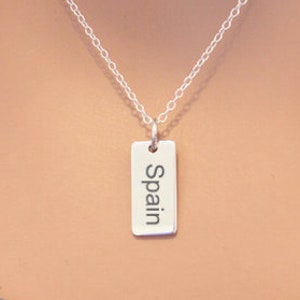 Sterling Silver Spain Charm Necklace, Spain Country Necklace, Spain Pendant Necklace, Spain Vacation Necklace, Spain Bar Necklace, Spain