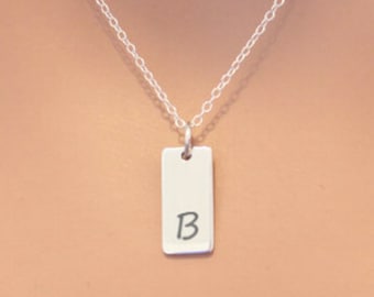 Sterling Silver Initial B Necklace: Engraved Letter Bar Pendant