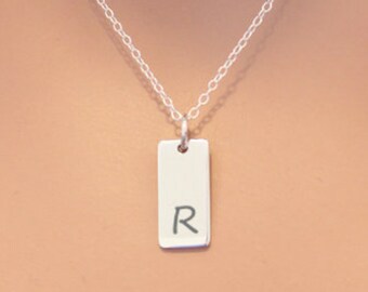 Sterling Silver Initial R Necklace: Personalized Letter Bar Pendant