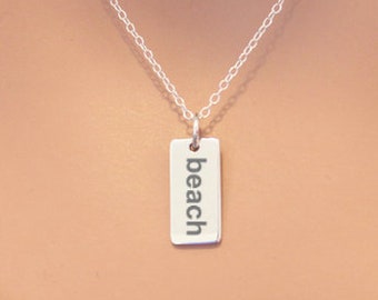 Sterling Silver Beach Word Charm Necklace: Engraved Pendant