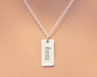Sterling Silver Boss Charm Necklace: Engraved Pendant