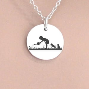 Sterling Silver Kid Gardening, Nostalgic Gardening Charm, Young Gardener, Silver Customized Child Gardener Necklace,Custom Gardener Necklace