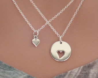 Sterling Silver Mother Daughter Heart Charm Necklace Set