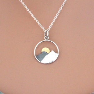 Sterling Silver Mountain Sunset Pendant with Bronze Sun, Silver Sunset Pendant Necklace, Mountain Sunrise Charm Necklace, Camping Necklace