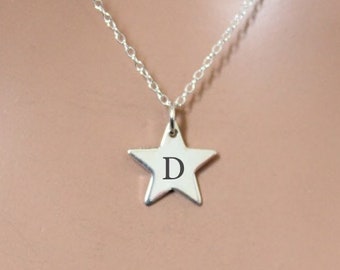 Sterling Silver Initial D Star Charm Necklace: Engraved Pendant