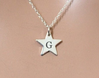 Sterling Silver Star Charm Necklace: Engraved Initial G Pendant