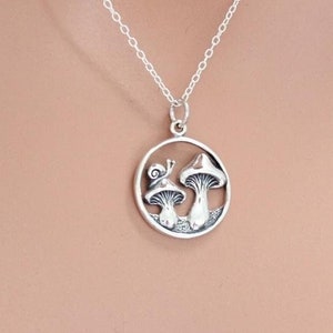 Sterling Silver Encircled Mushrooms Necklace with Curious Snail Visitor, Sterling Silver Sprouting Mushrooms Necklace with Perched Snail