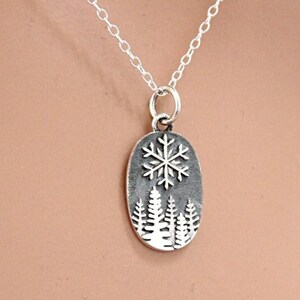Sterling Silver Snow Covered Pine Tree Forest Necklace, Silver Snow Flake Pine Tree Forest Necklace, Snow Flake Pine Tree Forest Necklace