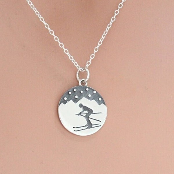 Sterling Silver Snow Skier Necklace, Sterling Silver Snow Skiing Necklace with Mountain Ridge Background, Silver Snow Skiing Charm Necklace