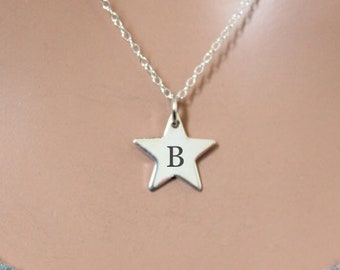 Sterling Silver Initial B Star Necklace: Engraved Charm Pendant