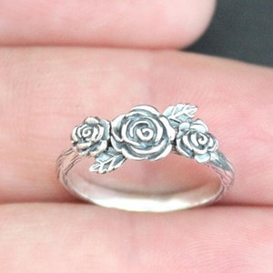 Sterling Silver Triple Rose Ring, Sterling Silver Three Roses Ring, Sterling Silver Rose Bouquet Ring, Silver Roses Ring, Silver Rose Ring image 1