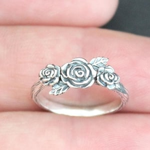 Sterling Silver Triple Rose Ring, Sterling Silver Three Roses Ring, Sterling Silver Rose Bouquet Ring, Silver Roses Ring, Silver Rose Ring