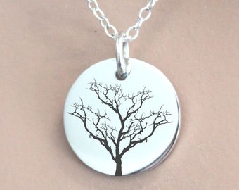 CUSTOM ENGRAVED Sterling Silver Winter Tree Necklace, Sterling Silver Leafless Tree in Winter Necklace, Sterling Silver Withered Tree Charm