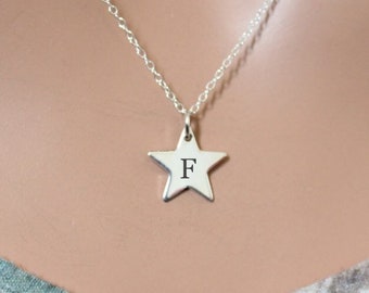 Sterling Silver Initial Star Necklace: Engraved Letter F Pendant