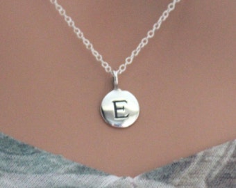 Sterling Silver Simple E Initial Necklace, Silver Stamped E Necklace, Stamped E Initial Necklace, Small E Initial Necklace, E Initial Charm