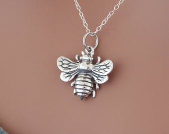 Sterling Silver Bumble Bee Pendant Necklace, Honeybee Pendant Necklace, Bee Necklace, Realistic Bee Charm Necklace, Bee Necklace