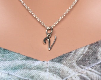 Sterling Silver Cursive V Initial Necklace, V Letter Necklace, Cursive V Initial Necklace, Silver V Letter Necklace, V Letter Necklace