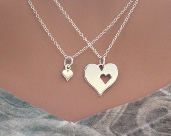 Sterling Silver Mother Daughter Heart Necklace Set