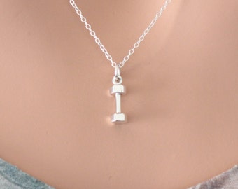 Sterling Silver Dumbbell Charm Necklace, Weightlifting Gift