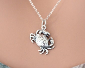 May include: A silver necklace with a detailed crab pendant. The chain is delicate and the crab is realistically sculpted.