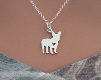 Sterling Silver Silhouetted French Bulldog Charm Necklace, French Bulldog Charm Necklace, I Love My French BullDog Necklace, Bulldog Charm