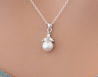 Collier de charme de perles d’eau douce de demoiselle d’honneur avec petites pierres CZ, collier de demoiselle d’honneur en argent sterling, collier de charme de perles, collier de perles