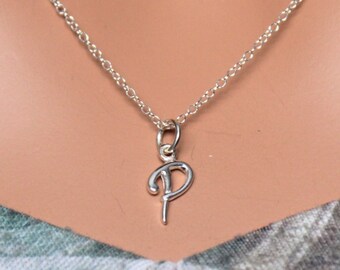 Sterling Silver Initial Pendant Necklace - CZ-Studded Letter P, 16 Inch Rolo Chain