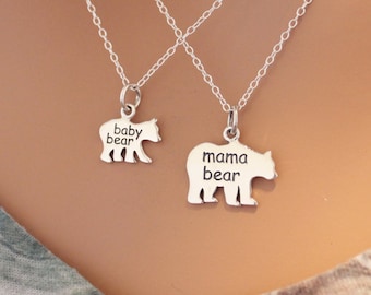 Sterling Silver Mama Bear and Baby Bear Necklace Set, Mama and Baby Bear Charm Necklaces, Mama and Baby Bear Necklaces, Bear Necklace Set