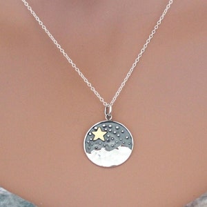 Sterling Silver Mountain Pendant with Bronze Star, Star Gazing Necklace, Night Sky Charm Necklace, Camping Necklace, Mountain Necklace