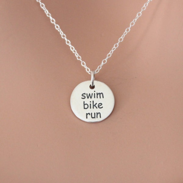 Sterling Silver Swim Bike Run Charm Necklace, Swim Bike Run Necklace, Athletic Necklace, Silver Fitness Charm Necklace, Triathlon Necklace