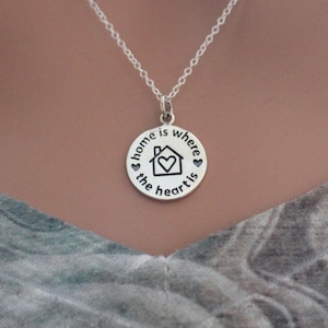 Sterling Silver Home is Where the Heart is Charm Necklace, &quot;Home is Where the Heart is&quot; Quote Necklace, Gift for Someone in the Military