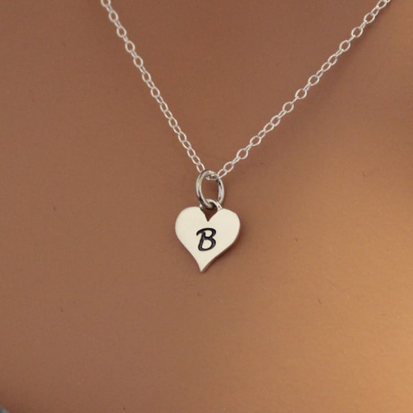 Sterling Silver B Letter Heart Necklace, Silver Tiny Stamped B Initial Heart Necklace, Stamped B Letter Charm Necklace, B Initial Necklace