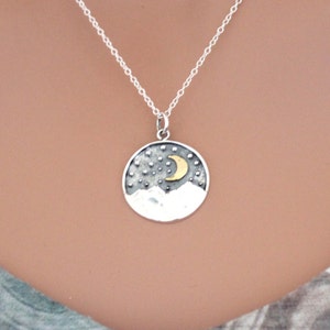 Sterling Silver Mountain Pendant with Bronze Moon Necklace, Moon Necklace, Night Sky Charm Necklace, Camping Necklace, Mountain Necklace
