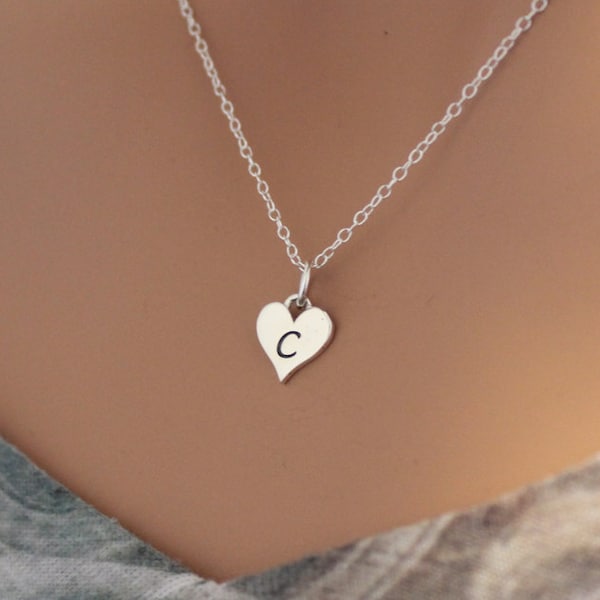 Sterling Silver C Letter Heart Necklace, Silver Tiny Stamped C Initial Heart Necklace, Stamped C Letter Charm Necklace, C Initial Necklace