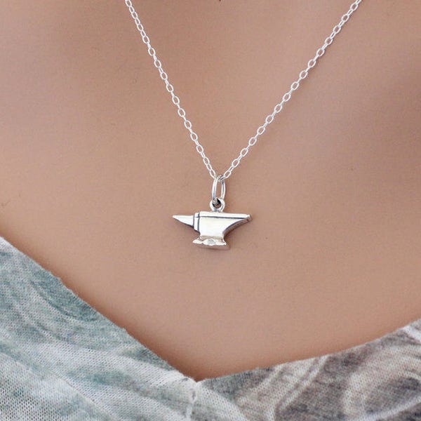 Sterling Silver Tiny Anvil Charm Necklace, Anvil Charm Necklace, Anvil Necklace, Anvil Tool Charm Necklace, Silver Anvil Necklace