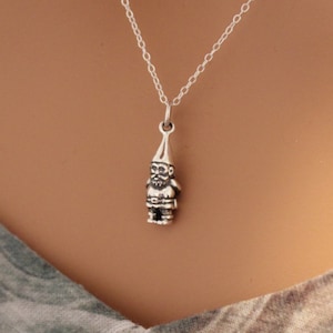 Sterling Silver Garden Gnome Charm Necklace, Gnome Necklace, Gnome Pendant Necklace, Garden Gnome Pendant Necklace, Silver Gnome Necklace