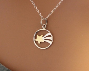 Sterling Silver Shooting Star Charm Necklace with Bronze Star, Shooting Star Necklace, Silver Star Necklace, Silver Shooting Star Necklace