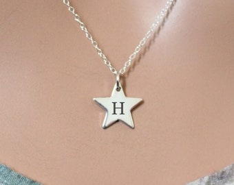 Sterling Silver Initial H Star Necklace: Engraved Charm Pendant