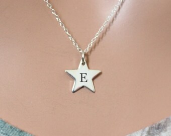 Sterling Silver Initial E Star Necklace: Engraved Charm Pendant