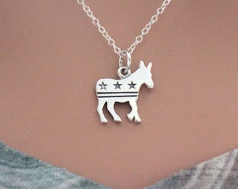 Sterling Silver Democratic Donkey Charm Necklace, Democrat Party Necklace, Silver Democrat Donkey Charm Necklace, Political Charm Necklace