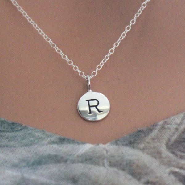 Sterling Silver Simple R Initial Necklace, Silver Stamped R Necklace, Stamped R Initial Necklace, Small R Initial Necklace, R Initial Charm