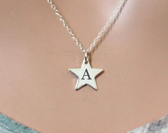 Sterling Silver Initial A Star Charm Necklace: Engraved Pendant