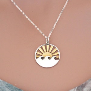 Sterling Silver Ocean Sunrise Charm Necklace, Ocean Sunrise Necklace, Ocean Wave Necklace, Ocean Wave Pendant Necklace, Sunrise Necklace