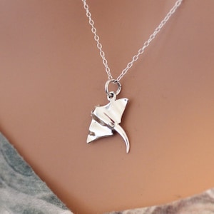 Wave Necklace Beach Jewelry Manta Ray. Manta Ray Jumping Over Ocean Waves Pendant in Sterling Silver on an 18 Inch Cable Chain