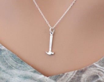 Sterling Silver Tiny Hammer Charm Necklace, Hammer Necklace, Tiny Hammer Pendant Necklace, Hammer Tool Necklace, Tool Necklace